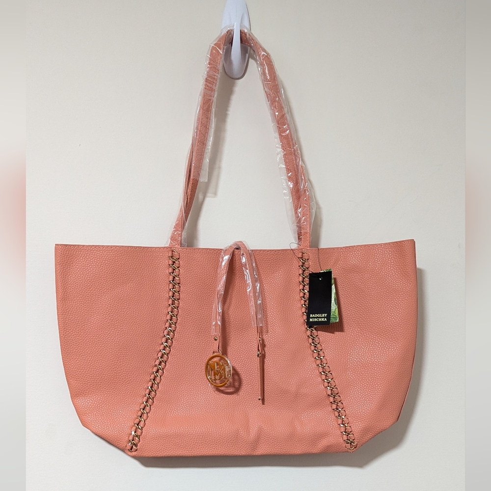 Badgley Mischka Decorative Chain Tote Coral NEW